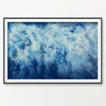Framed 'Ocean Blues' watercolor painting by Kateryna Nazarenko, showcasing abstract ocean waves and soft foam textures in calming blue shades, perfect for coastal-inspired decor.