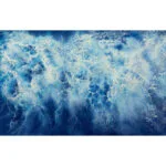 Abstract watercolor painting 'Ocean Blues' featuring ocean waves and foam in tranquil blue tones.