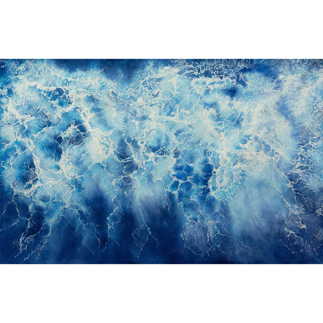 Abstract watercolor painting 'Ocean Blues' featuring ocean waves and foam in tranquil blue tones.