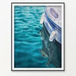 "Summer Memories" watercolor painting of a yacht on calm green water framed in a coastal home, infusing the space with tranquil ocean views.