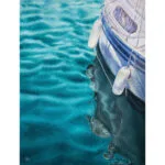 "Summer Memories," a serene watercolor painting of a yacht sailing on calm green ocean waters with gentle waves.