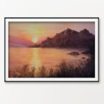 Original watercolor painting of a Corsican coastal sunset, beautifully framed and ready to enhance any space with its serene coastal charm and warm, vibrant colors.