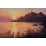 'Sunset on the Corsica Coast,' an original watercolor seascape by Kateryna Nazarenko, showcasing a vibrant sunset over calm Mediterranean waters.