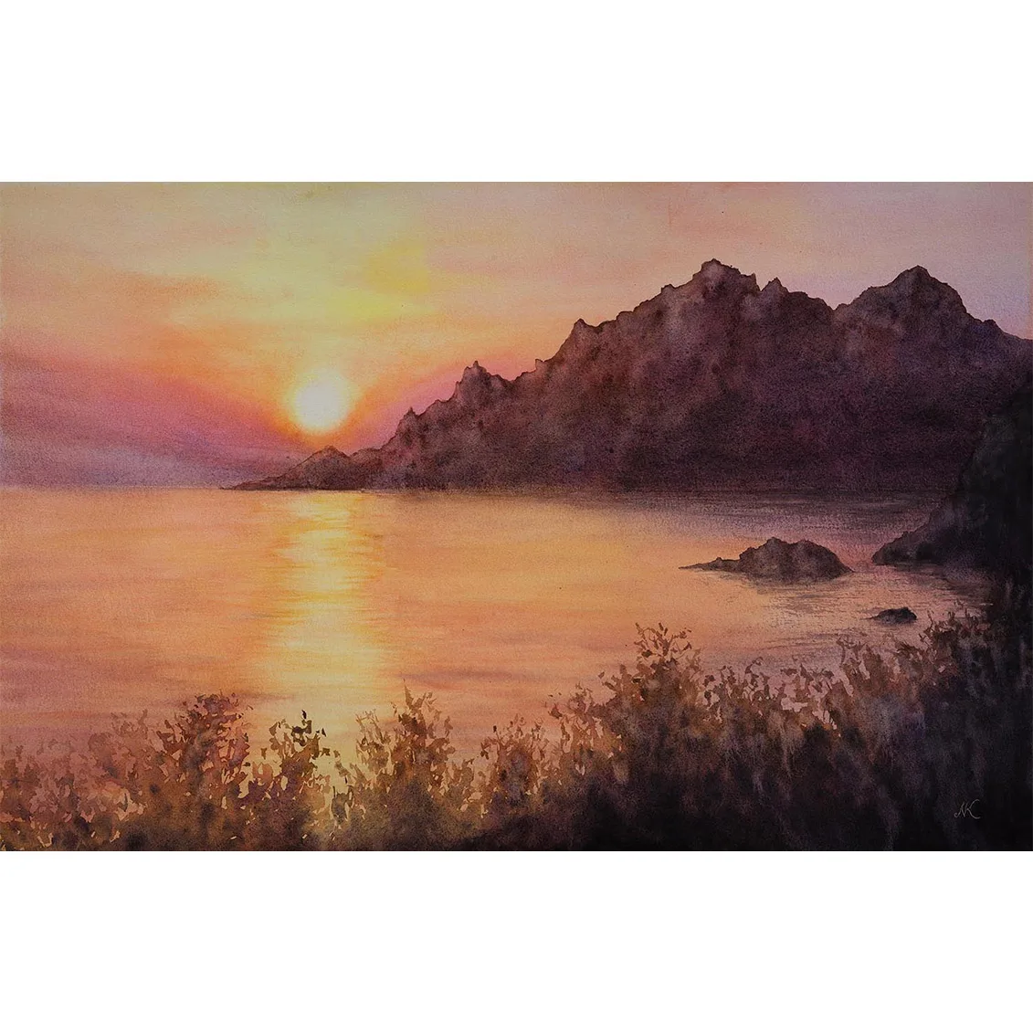 Sunset on the Corsica Coast – original watercolor seascape