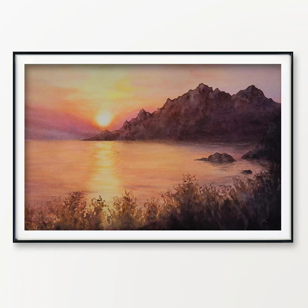 Original watercolor painting of a Corsican coastal sunset, beautifully framed and ready to enhance any space with its serene coastal charm and warm, vibrant colors.