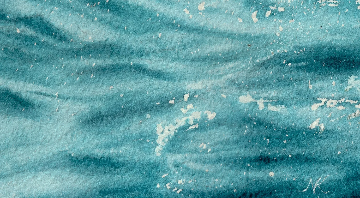 Signature of Kateryna Nazarenko on the bottom of 'Sparkles on Turquoise Water,' adding a personal touch to the watercolor artwork.
