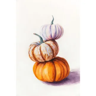 Watercolor painting of stacked orange pumpkins, perfect for fall, Halloween, and Thanksgiving decor.