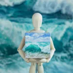 Turquoise green splashing ocean wave mini acrylic painting
