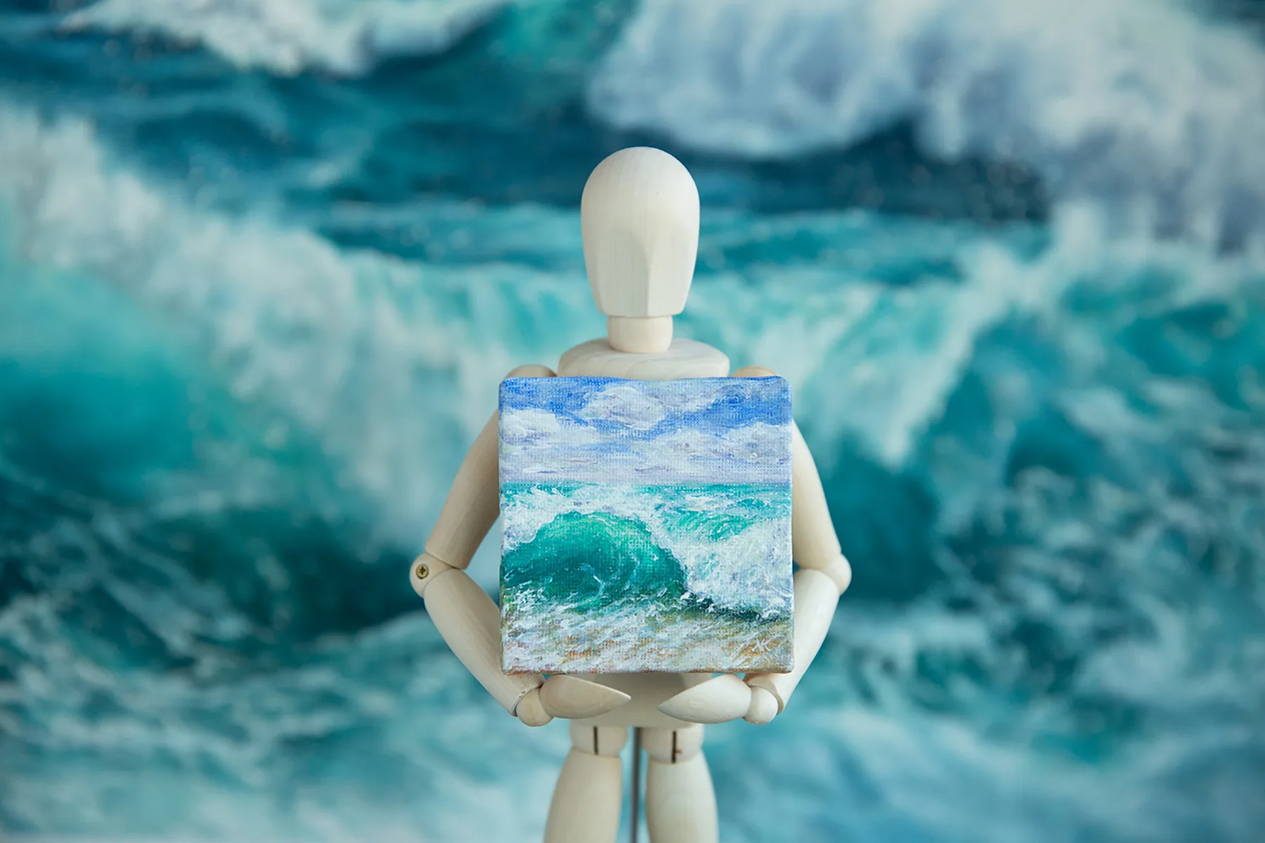 Turquoise green splashing ocean wave mini acrylic painting