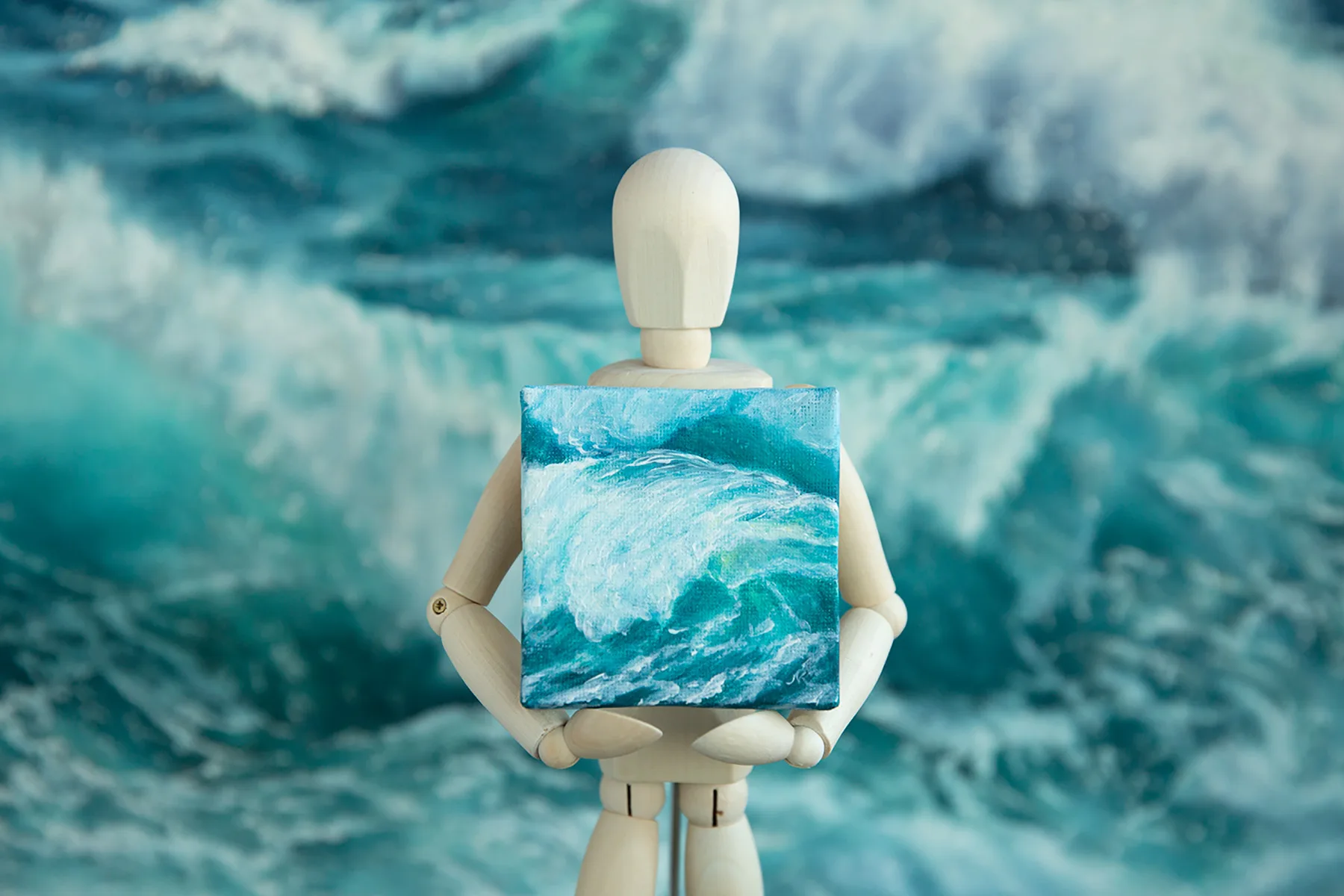 Splashing emerald sea wave mini acrylic painting