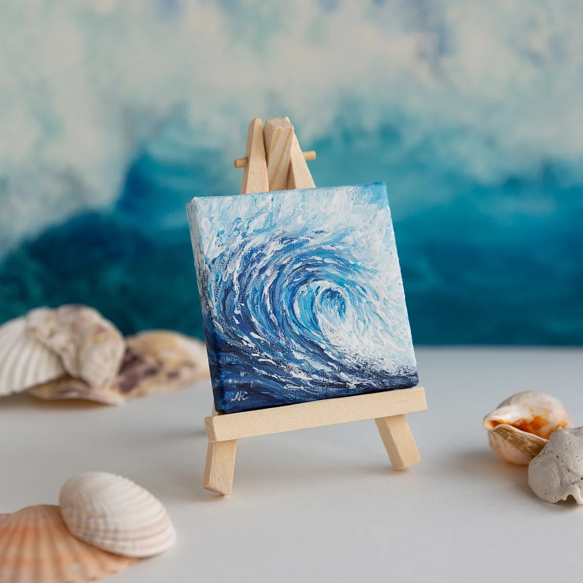 Ocean blue rolling wave mini acrylic painting