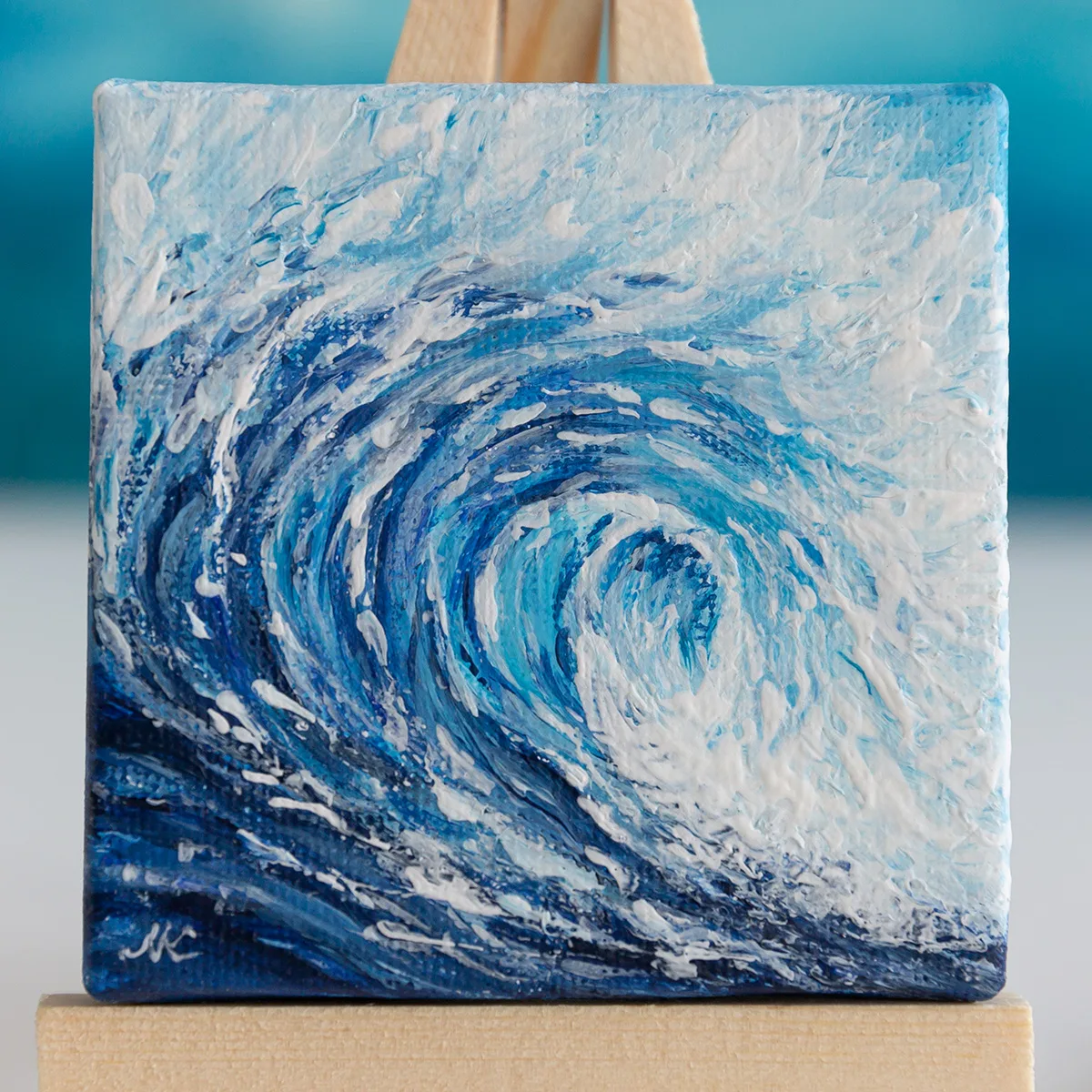 Ocean blue rolling wave mini acrylic painting