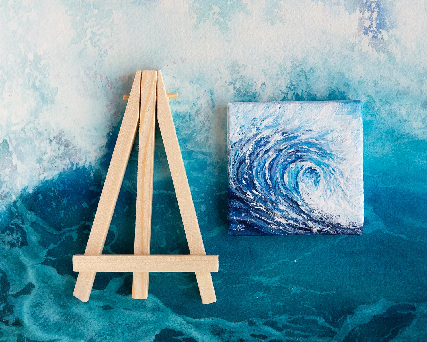 Ocean blue rolling wave mini acrylic painting