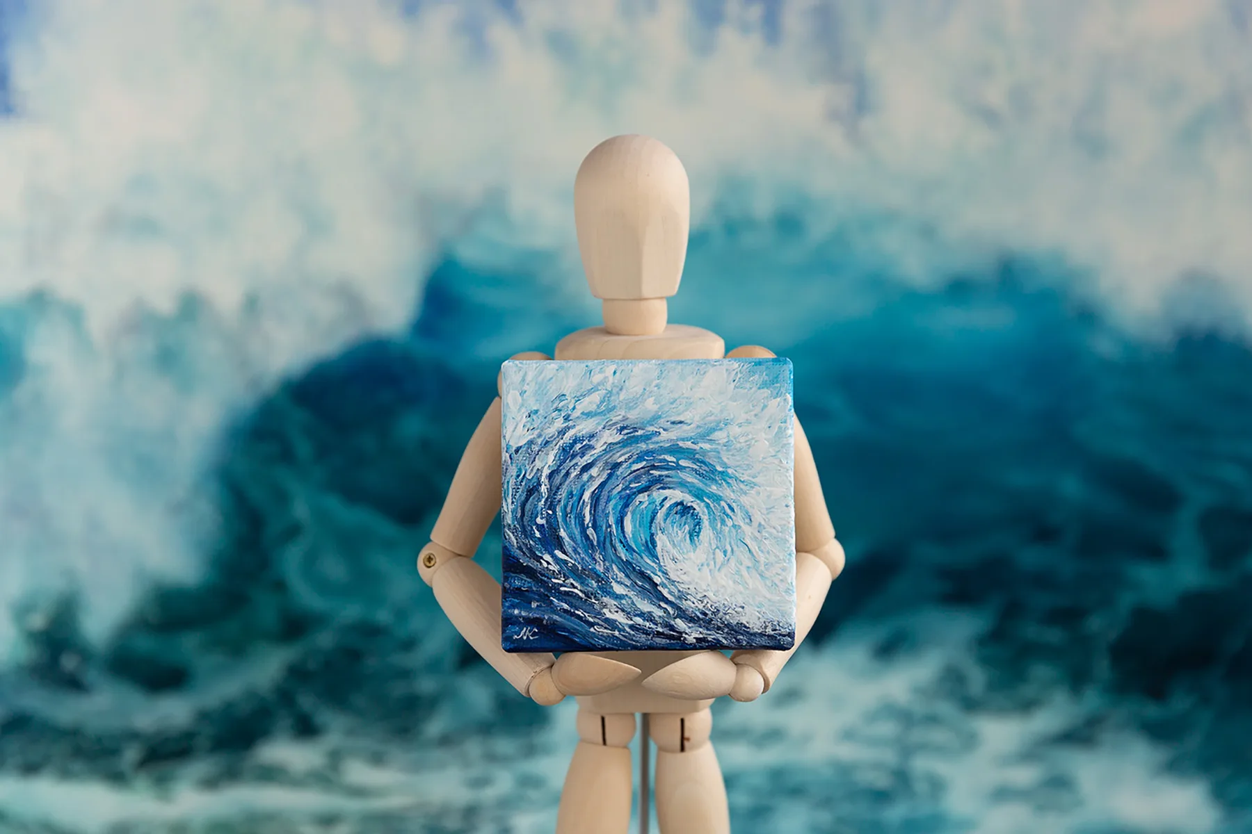 Ocean blue rolling wave mini acrylic painting