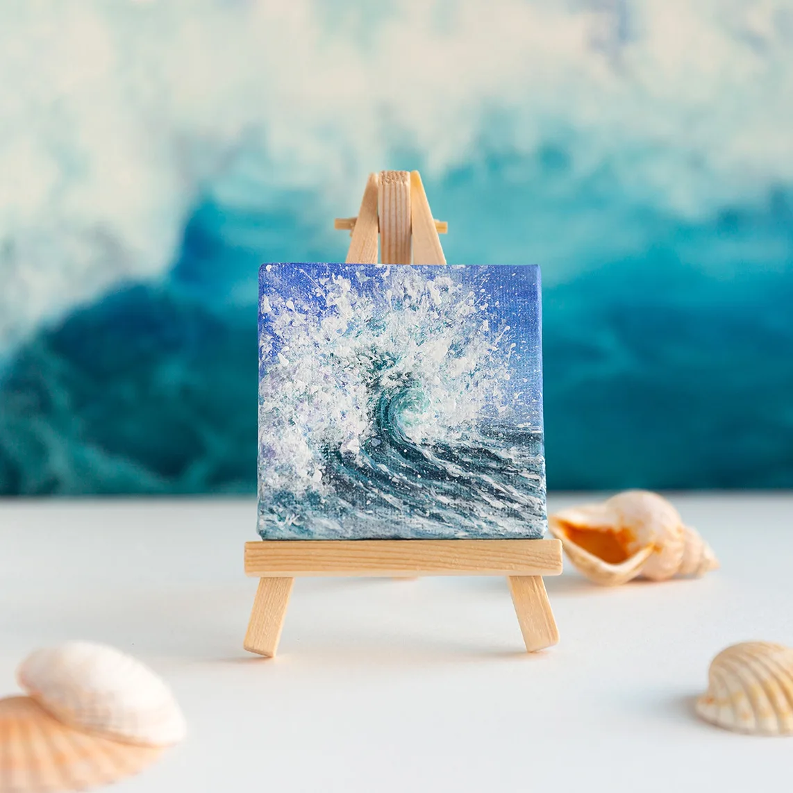 Blue ocean splashing wave miniature acrylic painting