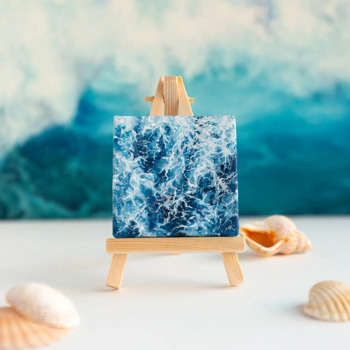 Miniature navy blue ocean water surface acrylic painting