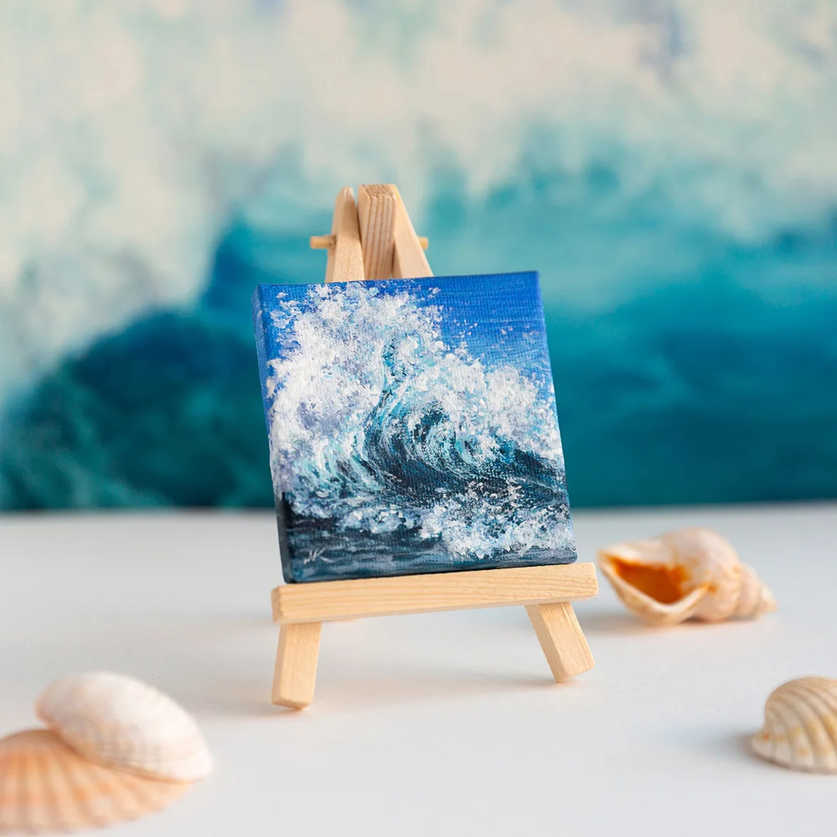 Original mini acrylic painting of a navy blue ocean breaking wave