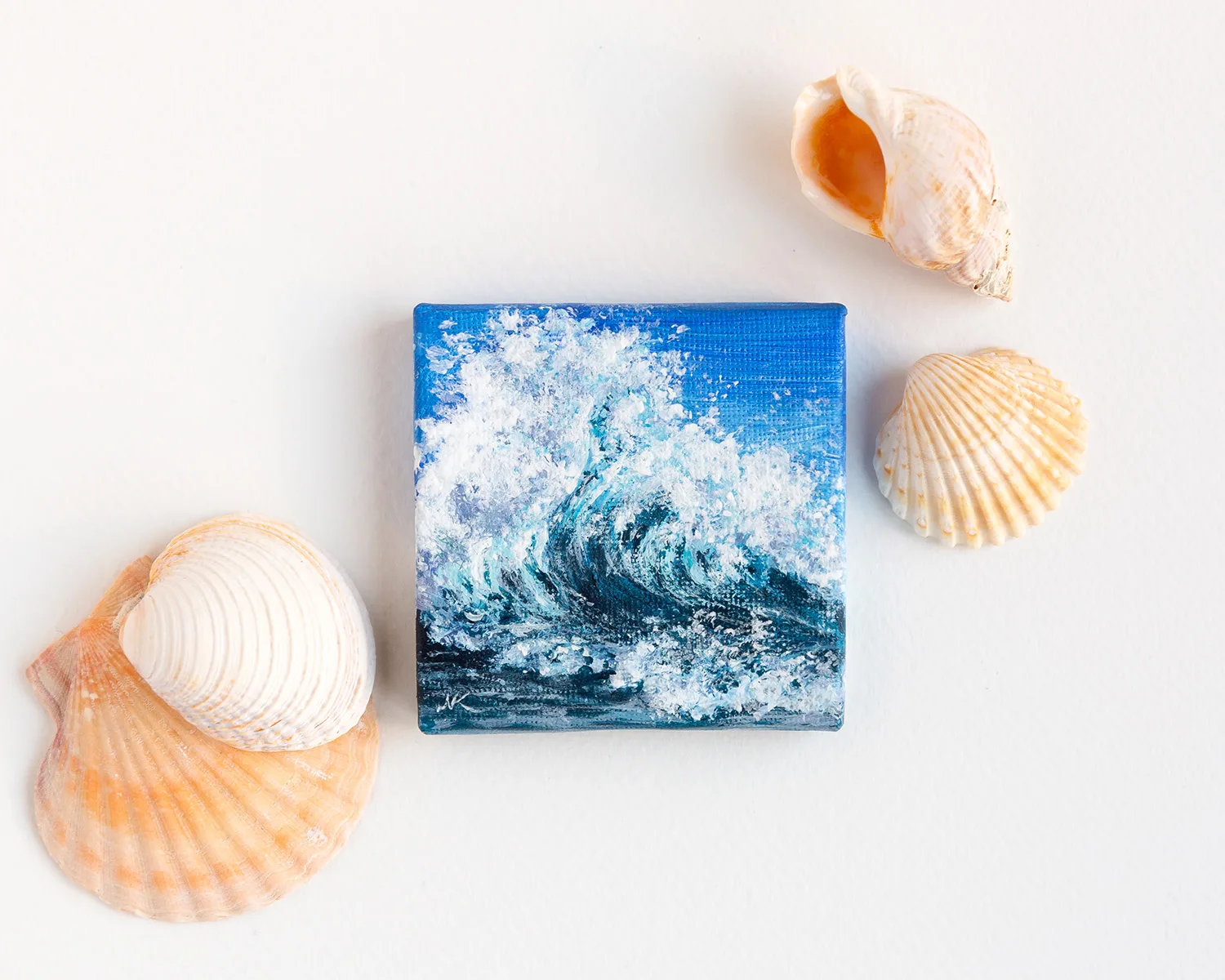Original mini acrylic painting of a navy blue ocean breaking wave
