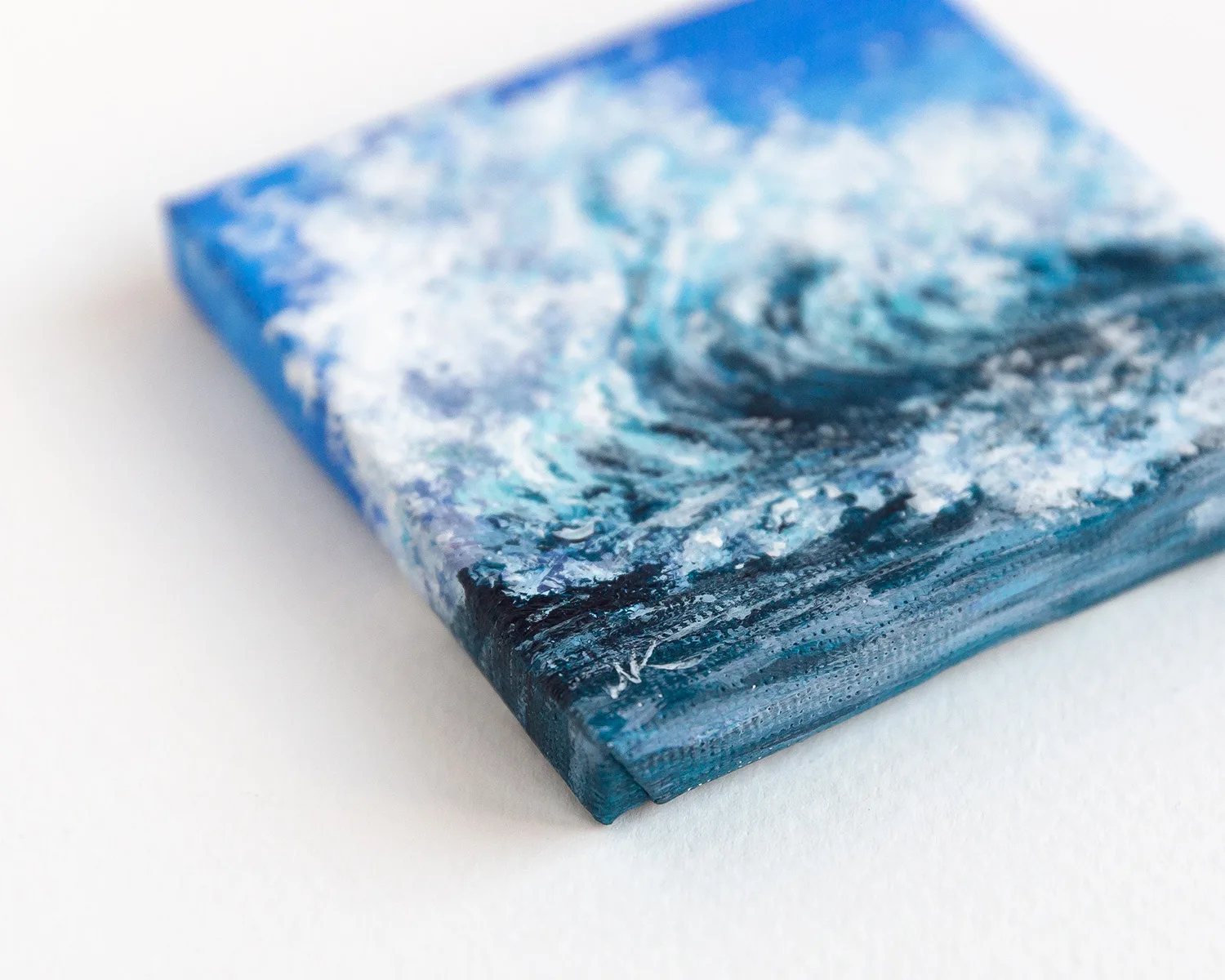 Original mini acrylic painting of a navy blue ocean breaking wave