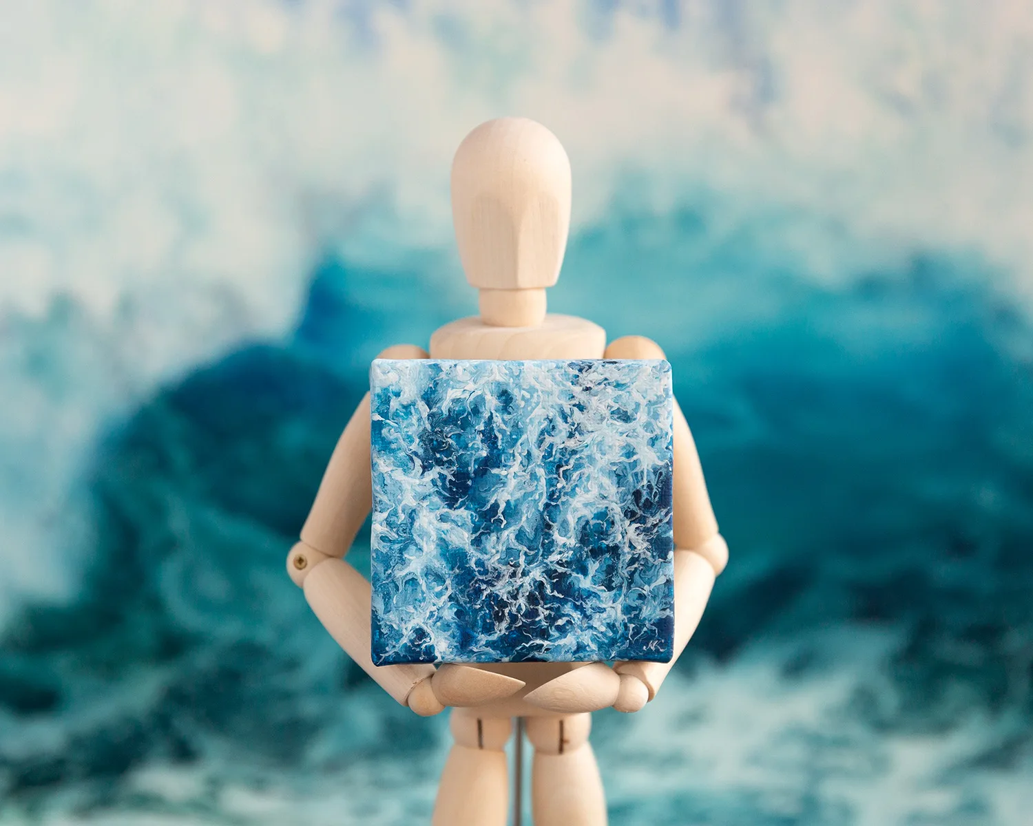 Miniature navy blue ocean water surface acrylic painting