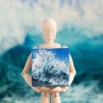 Original mini acrylic painting of a navy blue ocean breaking wave