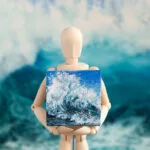 Original mini acrylic painting of a navy blue ocean breaking wave