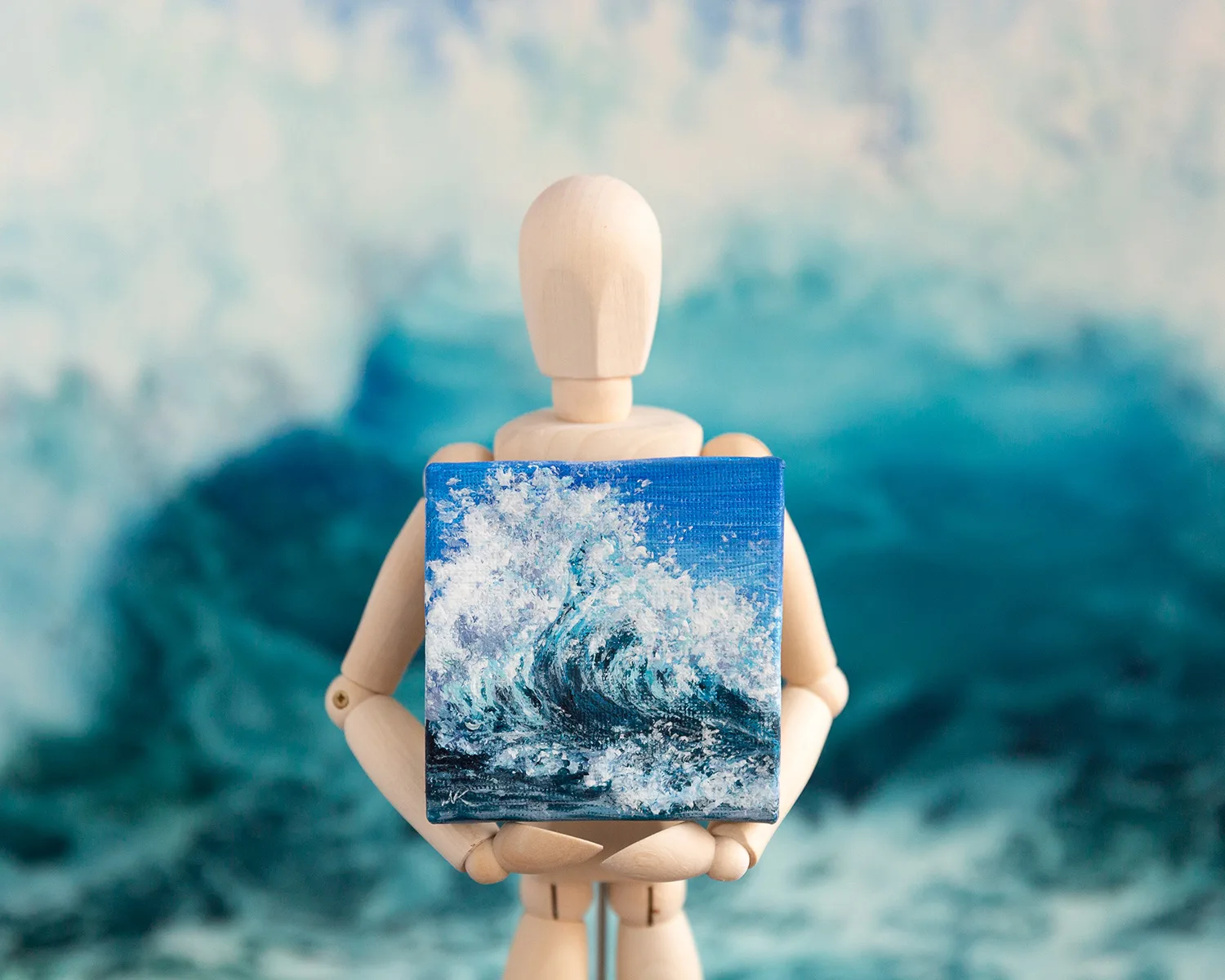 Original mini acrylic painting of a navy blue ocean breaking wave