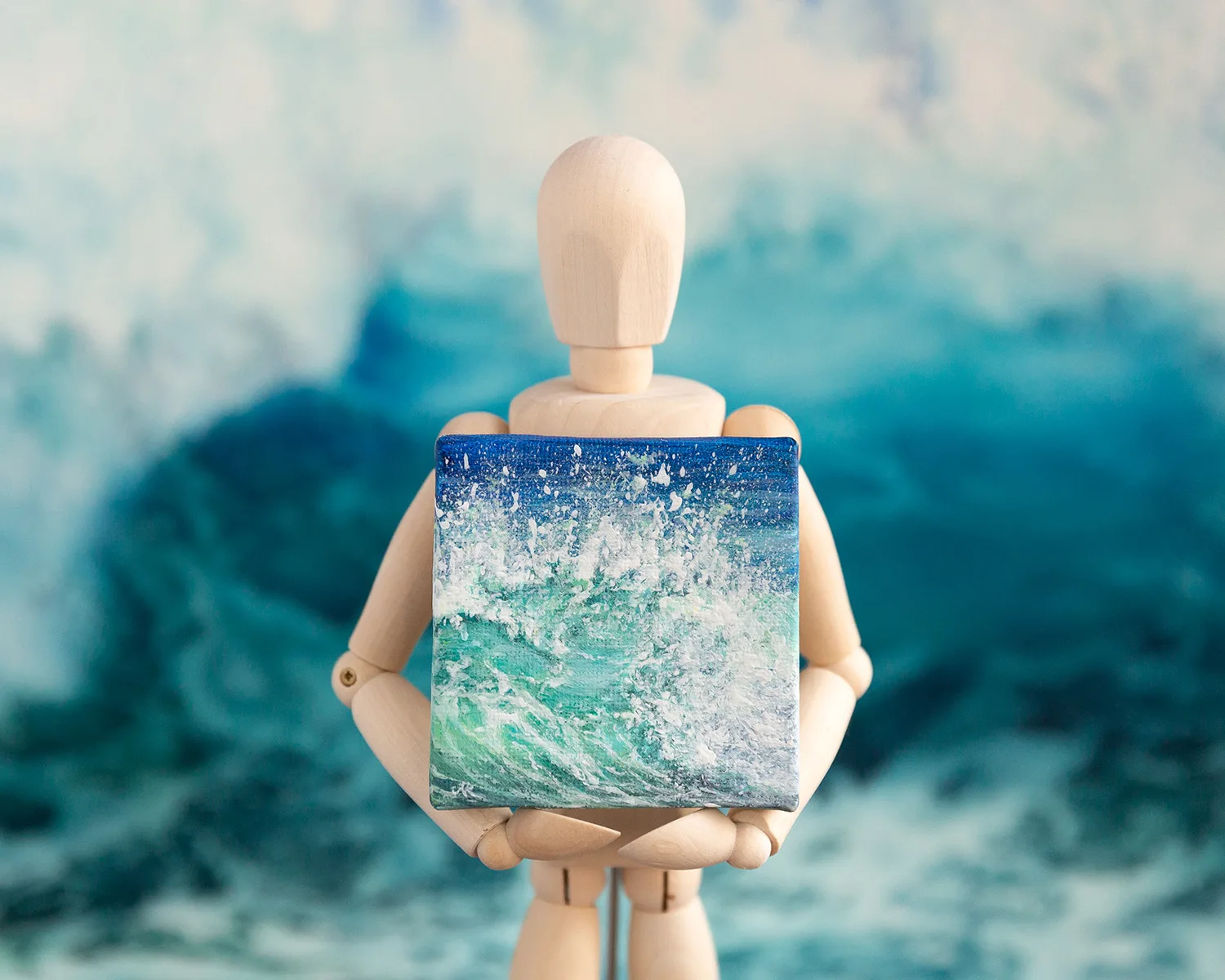 Turquoise green breaking sea wave mini acrylic painting
