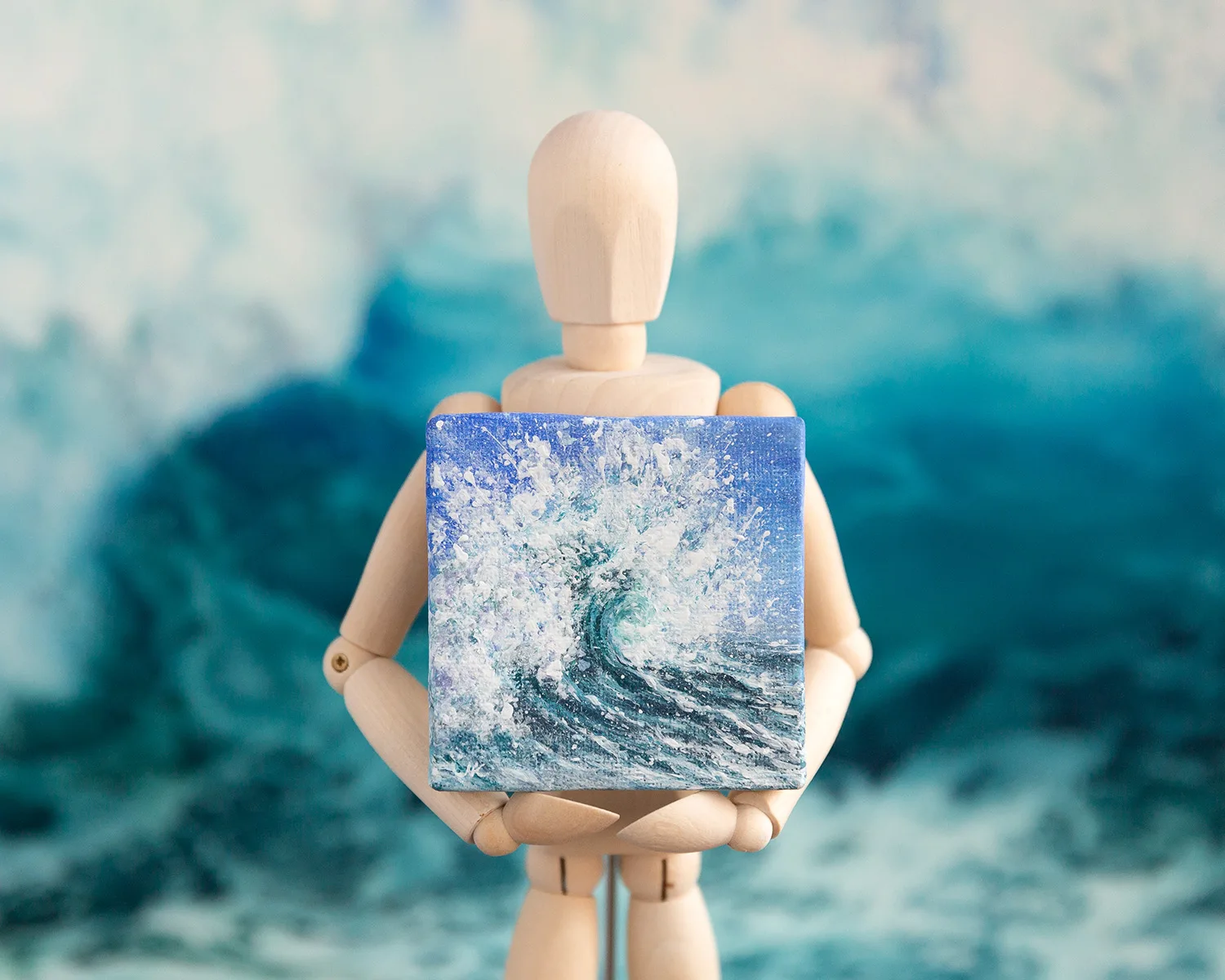 Blue ocean splashing wave miniature acrylic painting