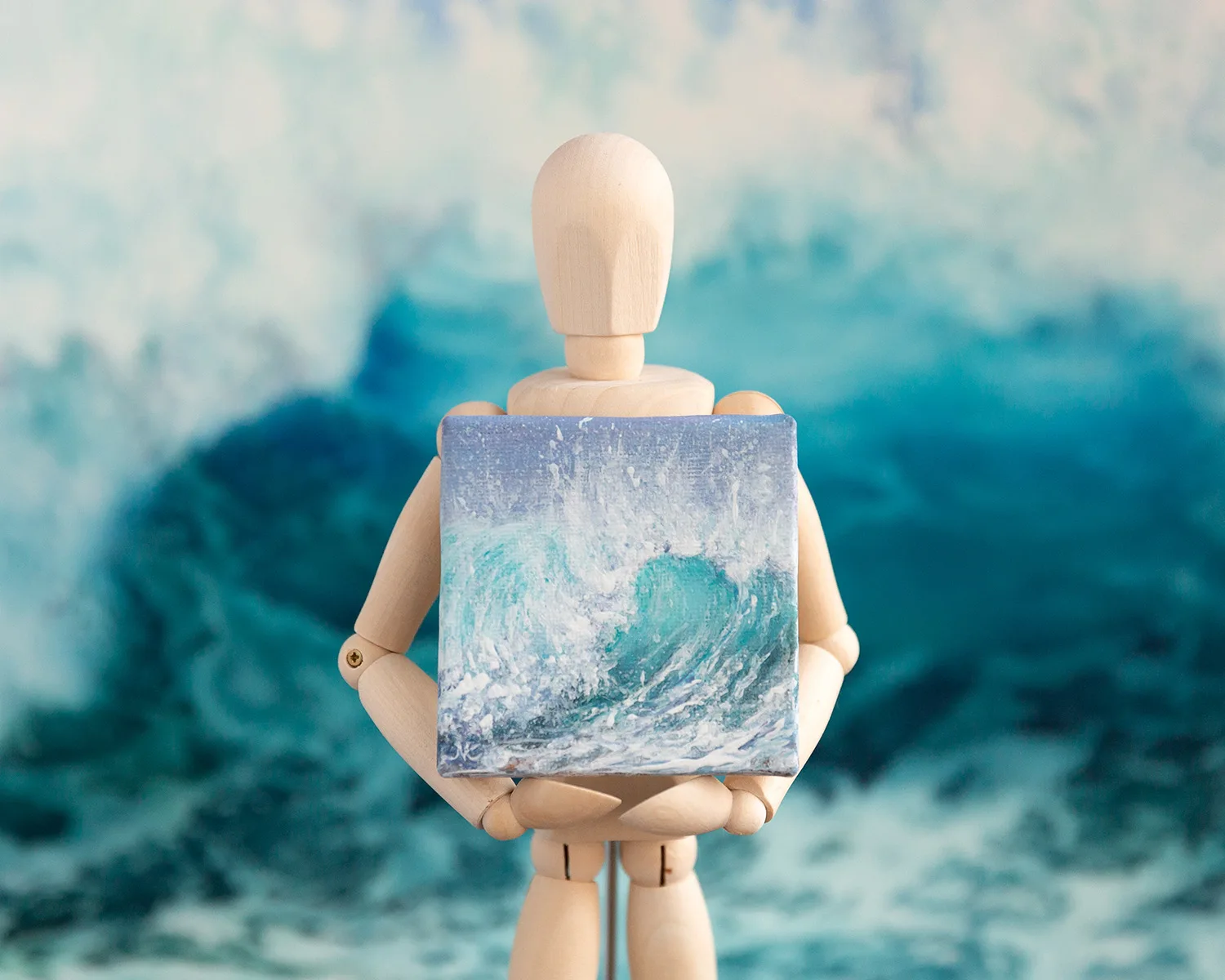 Turquoise blue ocean breaking wave mini acrylic painting