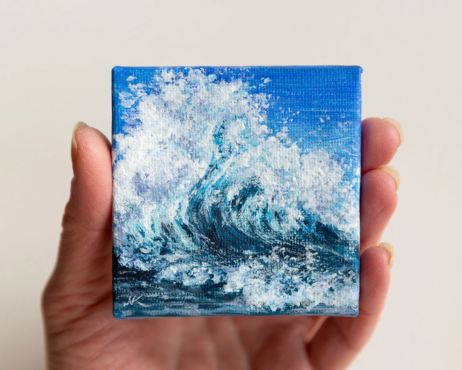 Original mini acrylic painting of a navy blue ocean breaking wave
