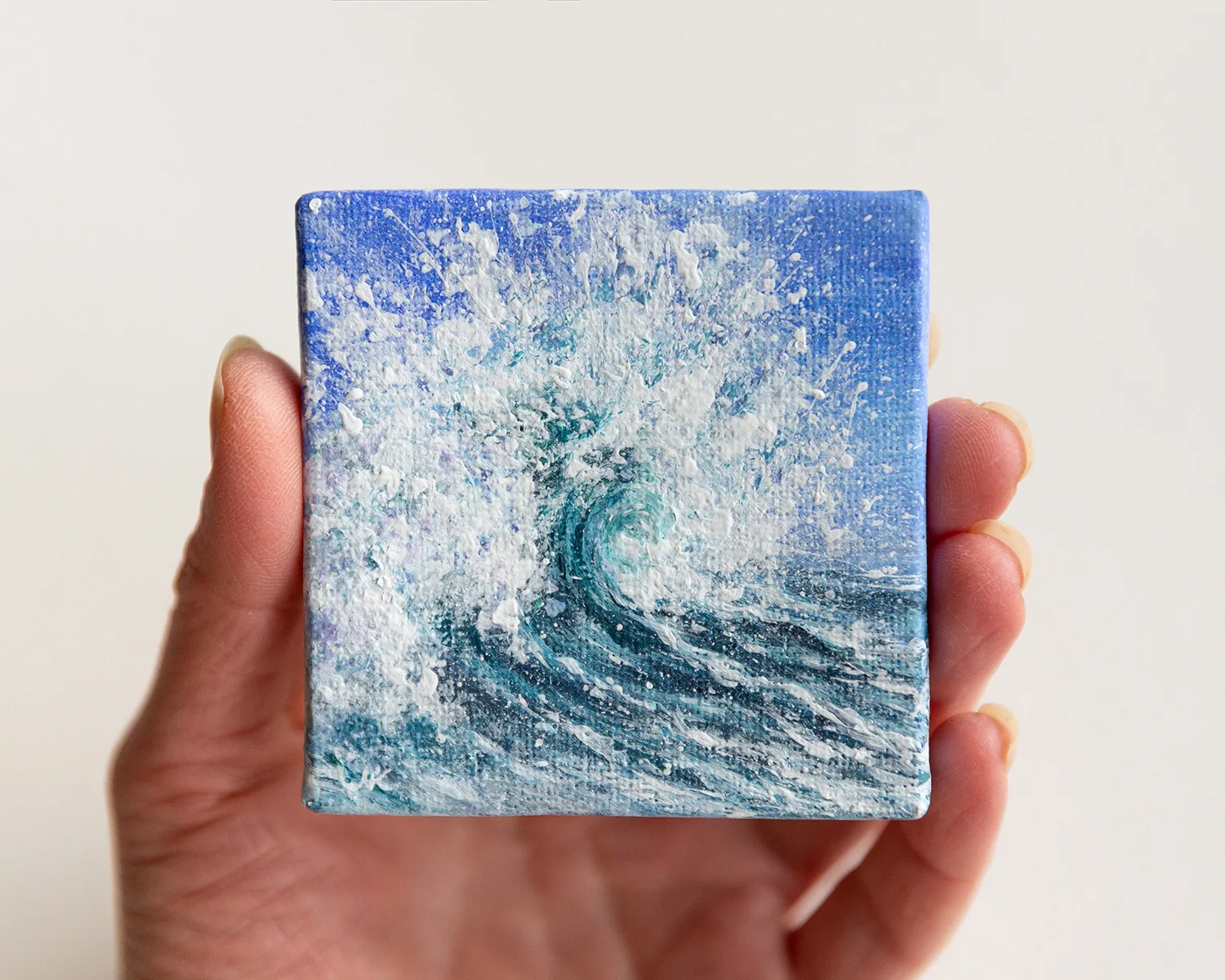Blue ocean splashing wave miniature acrylic painting