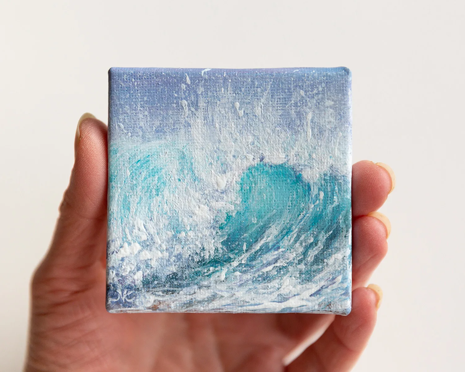 Turquoise blue ocean breaking wave mini acrylic painting