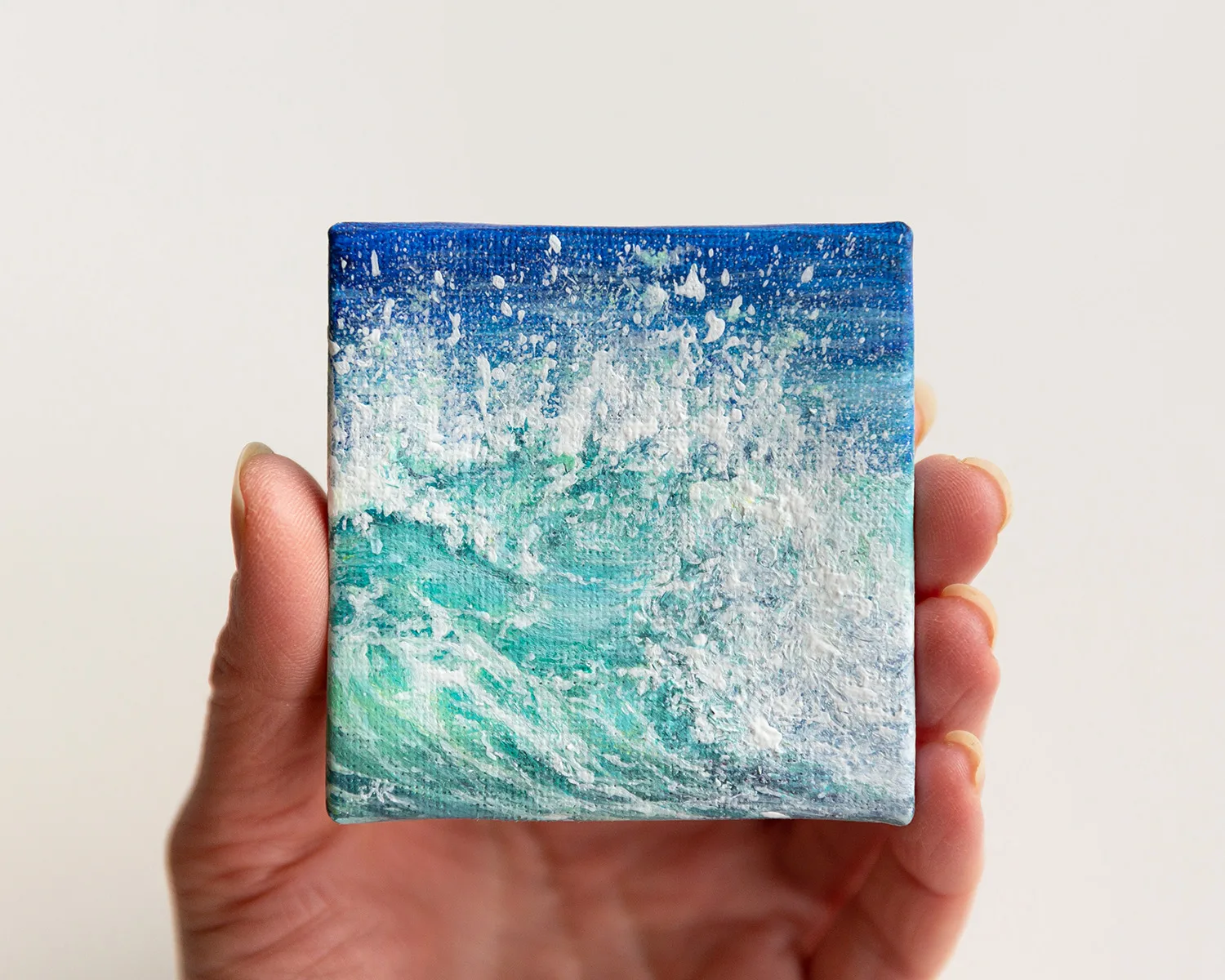 Turquoise green breaking sea wave mini acrylic painting