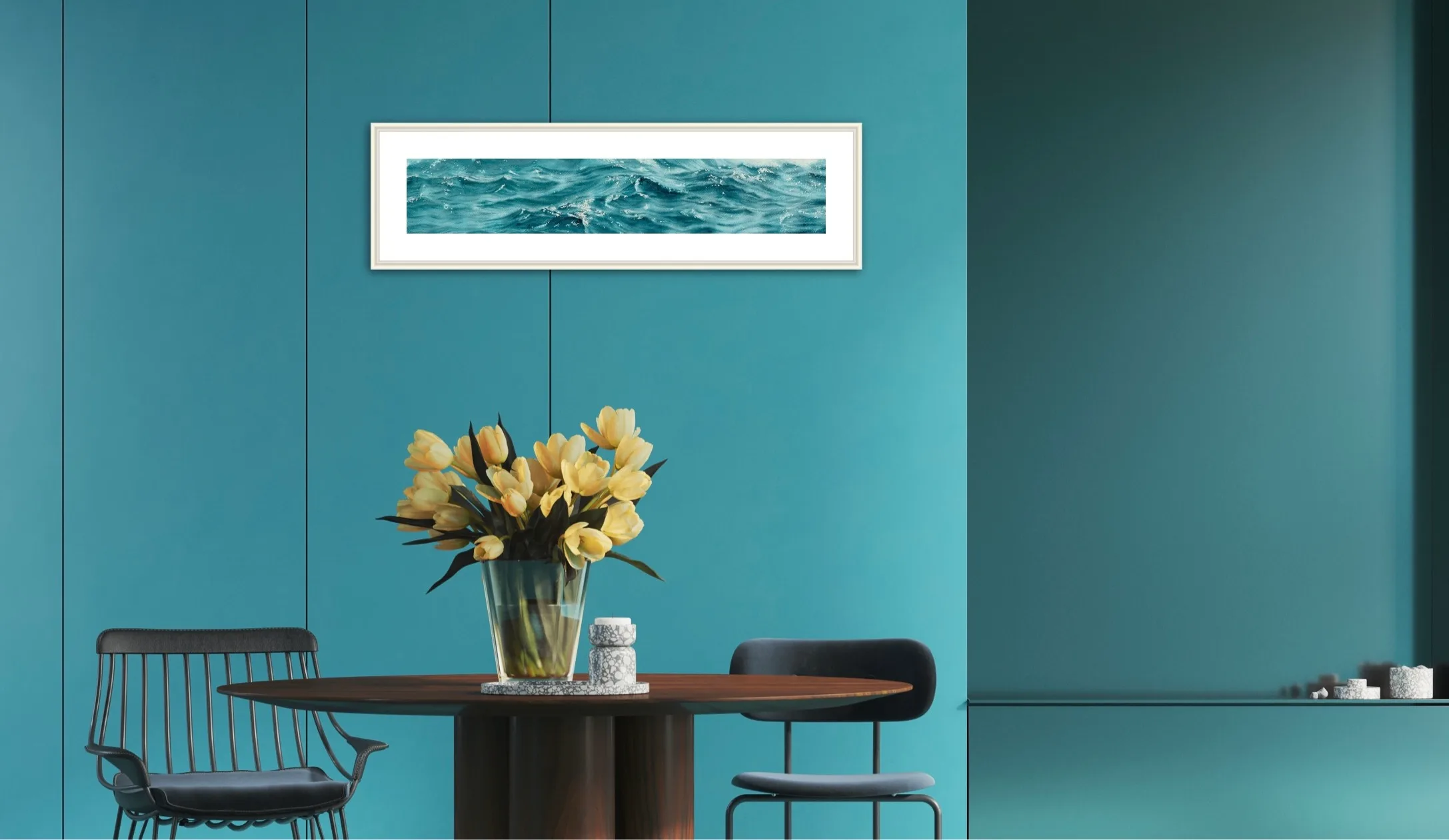 ‘Sparkles on Turquoise Water’ framed in a modern dining room, adding a serene ocean-inspired atmosphere to the space with its calming turquoise tones.