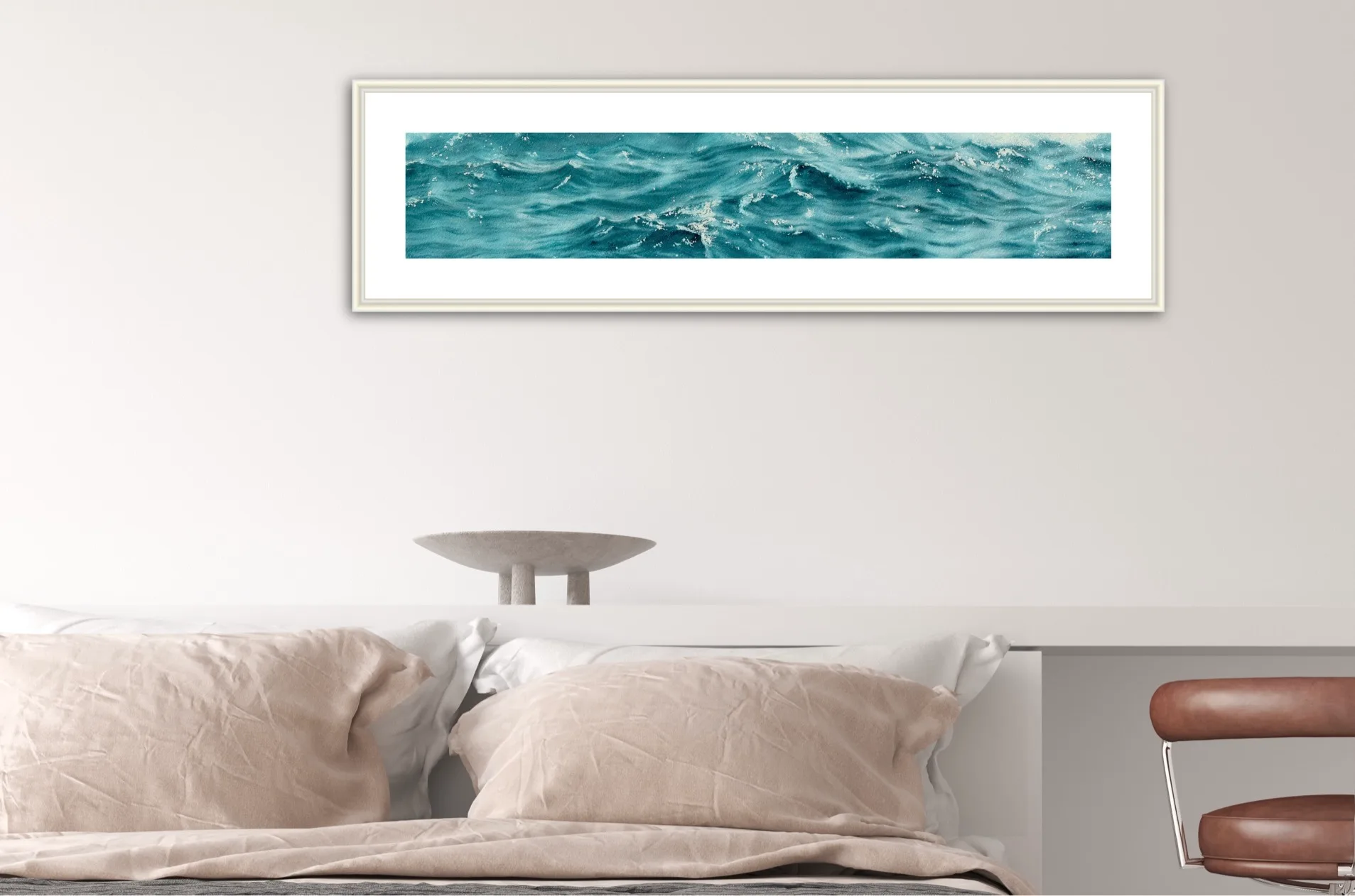 'Sparkles on Turquoise Water' framed in a serene bedroom, enhancing the peaceful atmosphere with its ocean-inspired colors."
