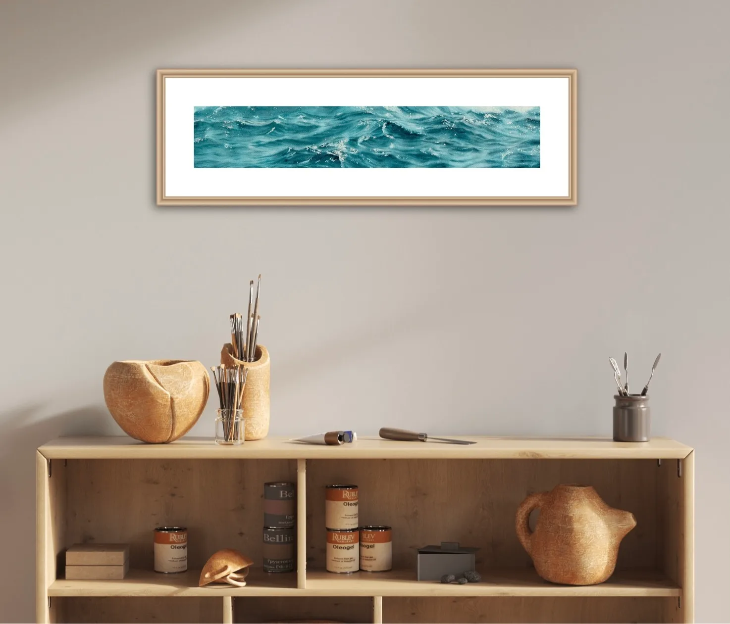 'Sparkles on Turquoise Water' framed in an art space, showcasing the calming essence of the sea in a room.