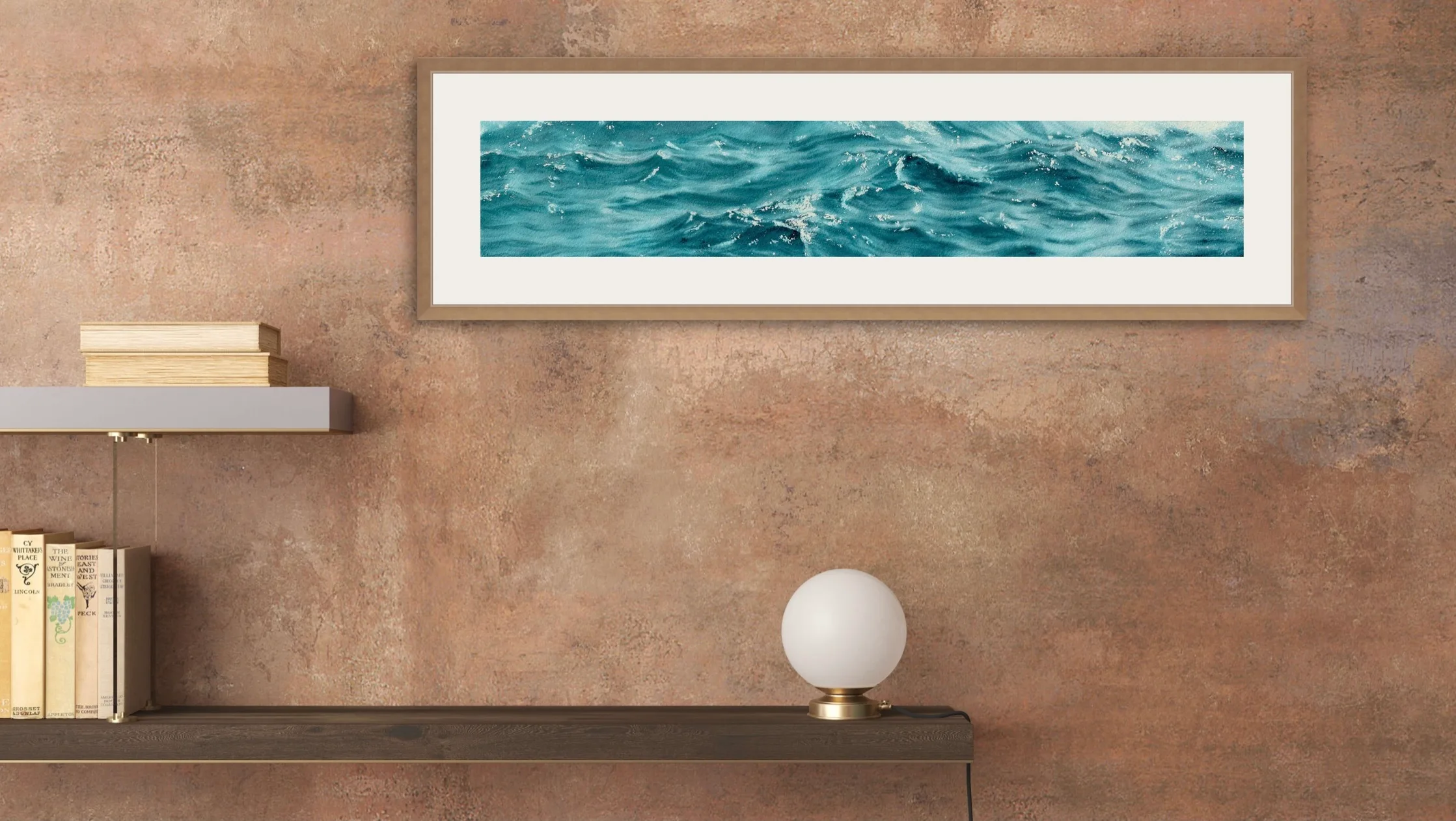 'Sparkles on Turquoise Water' framed in a hallway, inviting serenity and ocean-inspired tranquility to guests as they enter.