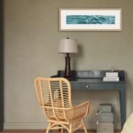‘Sparkles on Turquoise Water’ framed in a stylish home office, creating a calm and inspiring workspace with its tranquil ocean hues.