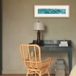 ‘Sparkles on Turquoise Water’ framed in a stylish home office, creating a calm and inspiring workspace with its tranquil ocean hues.