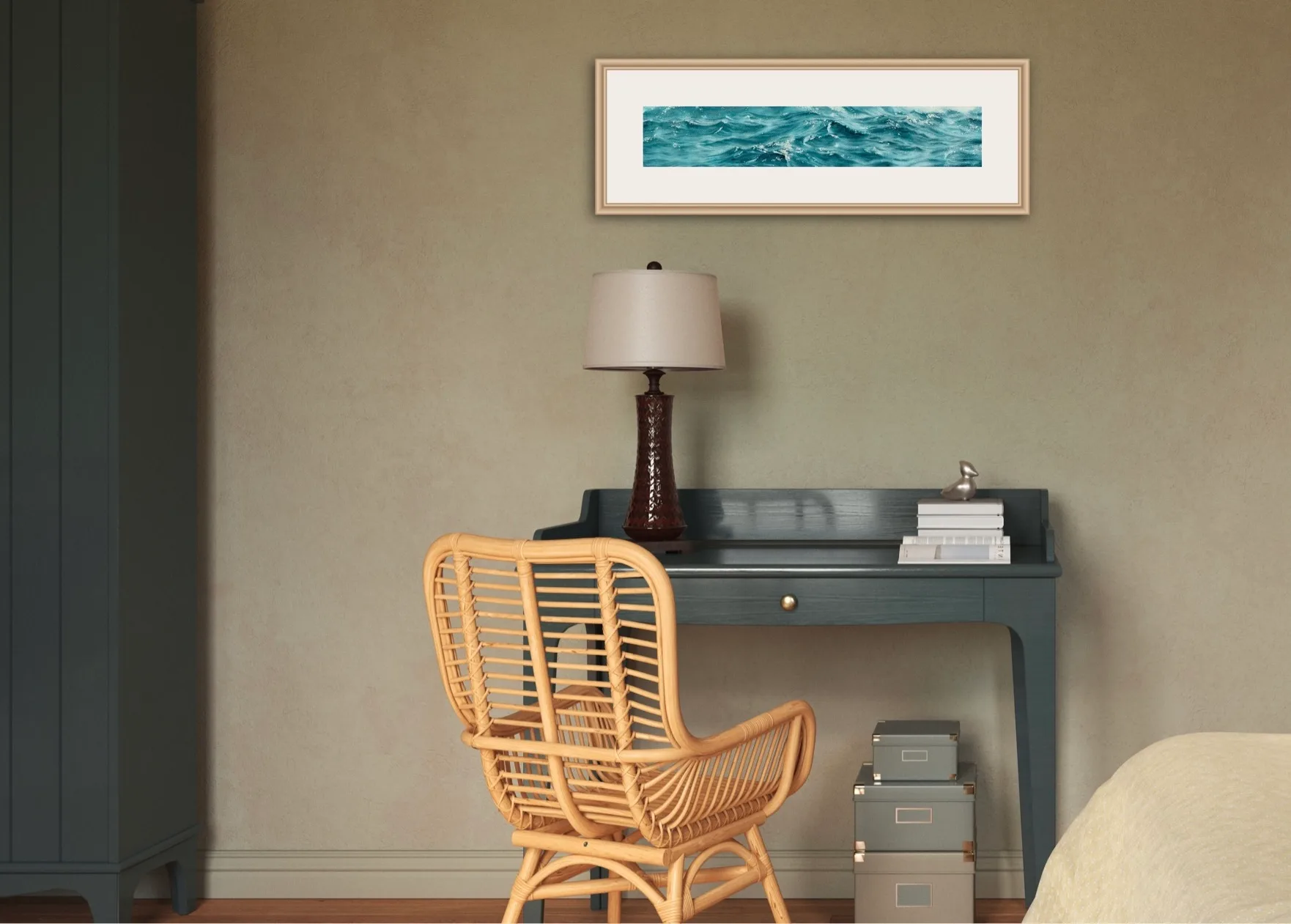‘Sparkles on Turquoise Water’ framed in a stylish home office, creating a calm and inspiring workspace with its tranquil ocean hues.