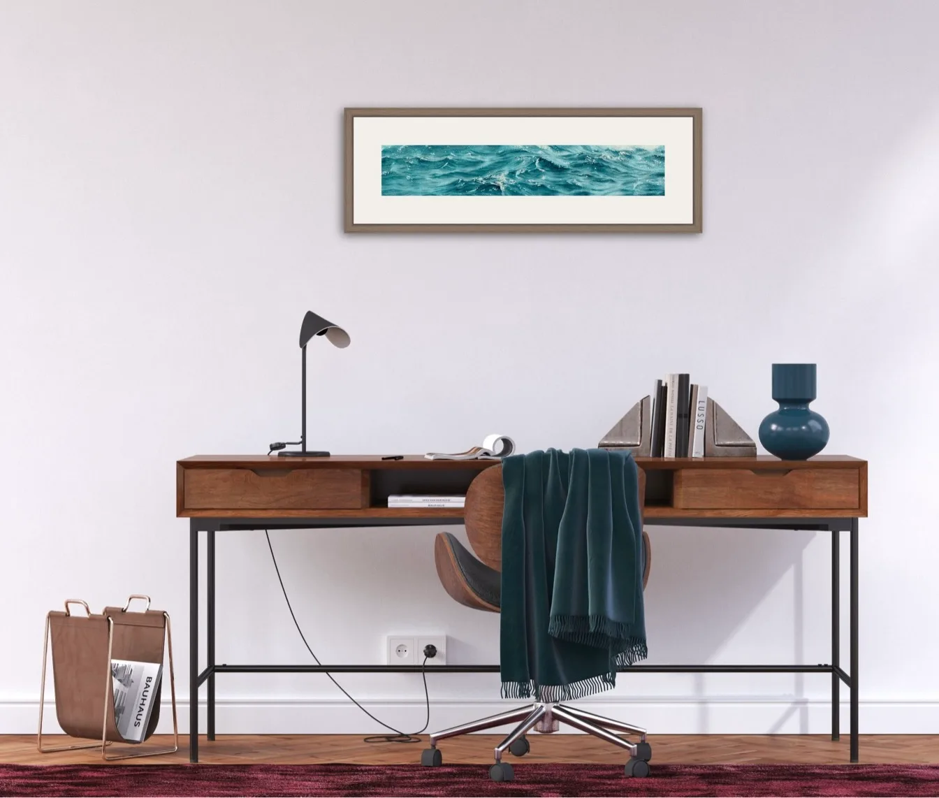 'Sparkles on Turquoise Water' framed above a desk in a home office, adding calming energy to the workspace.