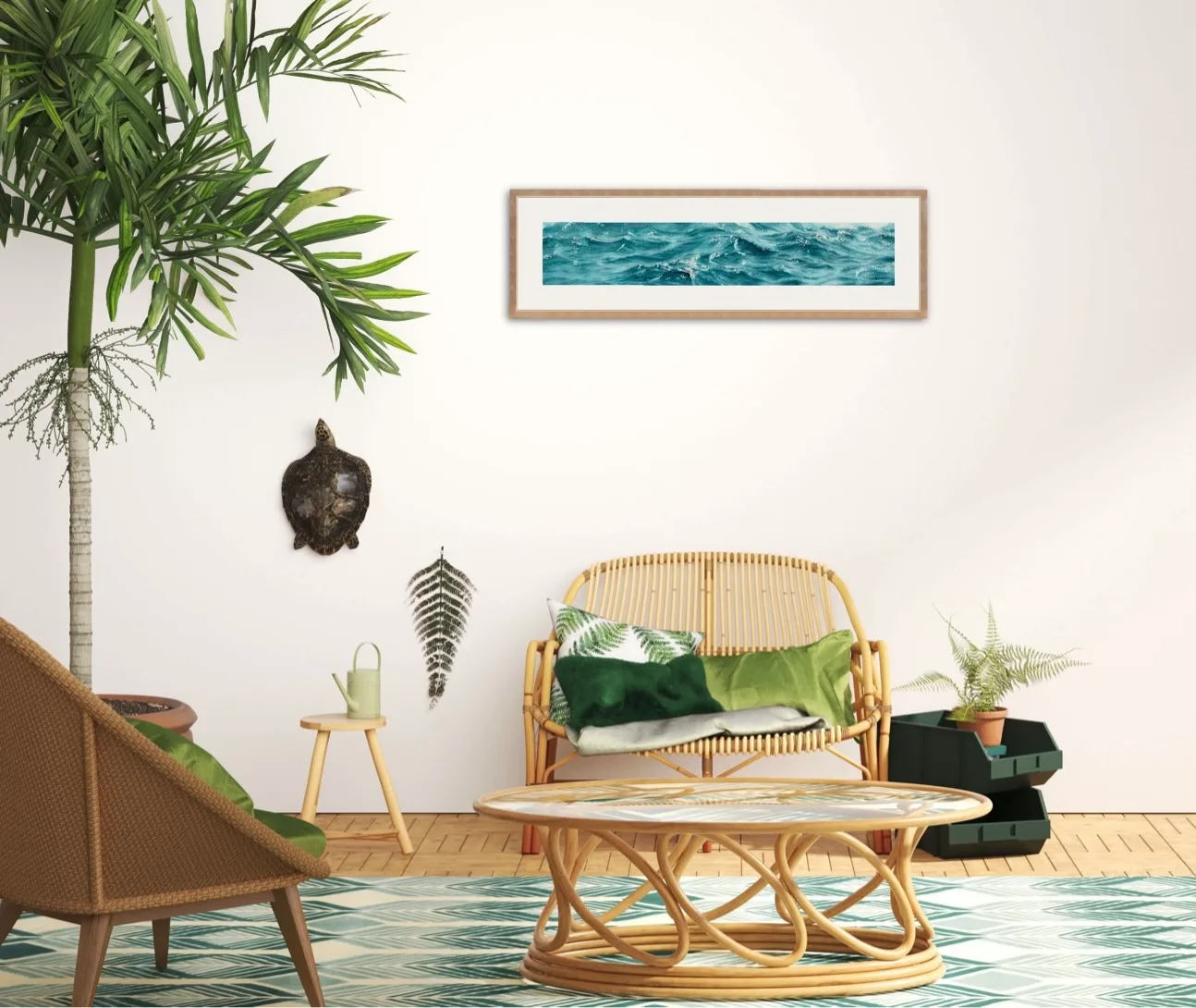 'Sparkles on Turquoise Water' framed in a nature inspired room, offering a serene and peaceful atmosphere perfect for gatherings.