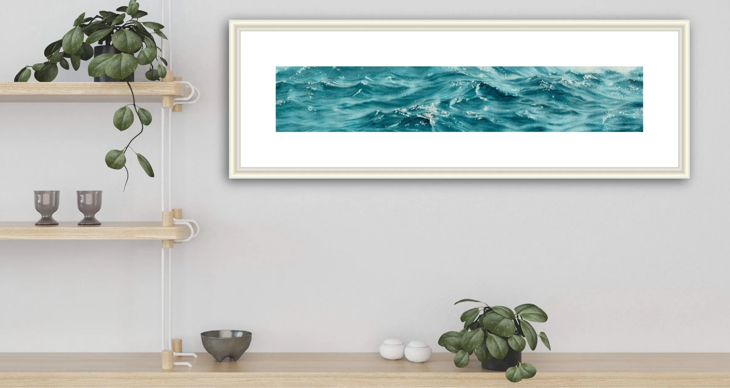 'Sparkles on Turquoise Water' framed above a counter in a coastal kitchen, capturing the tranquil beauty of the ocean.