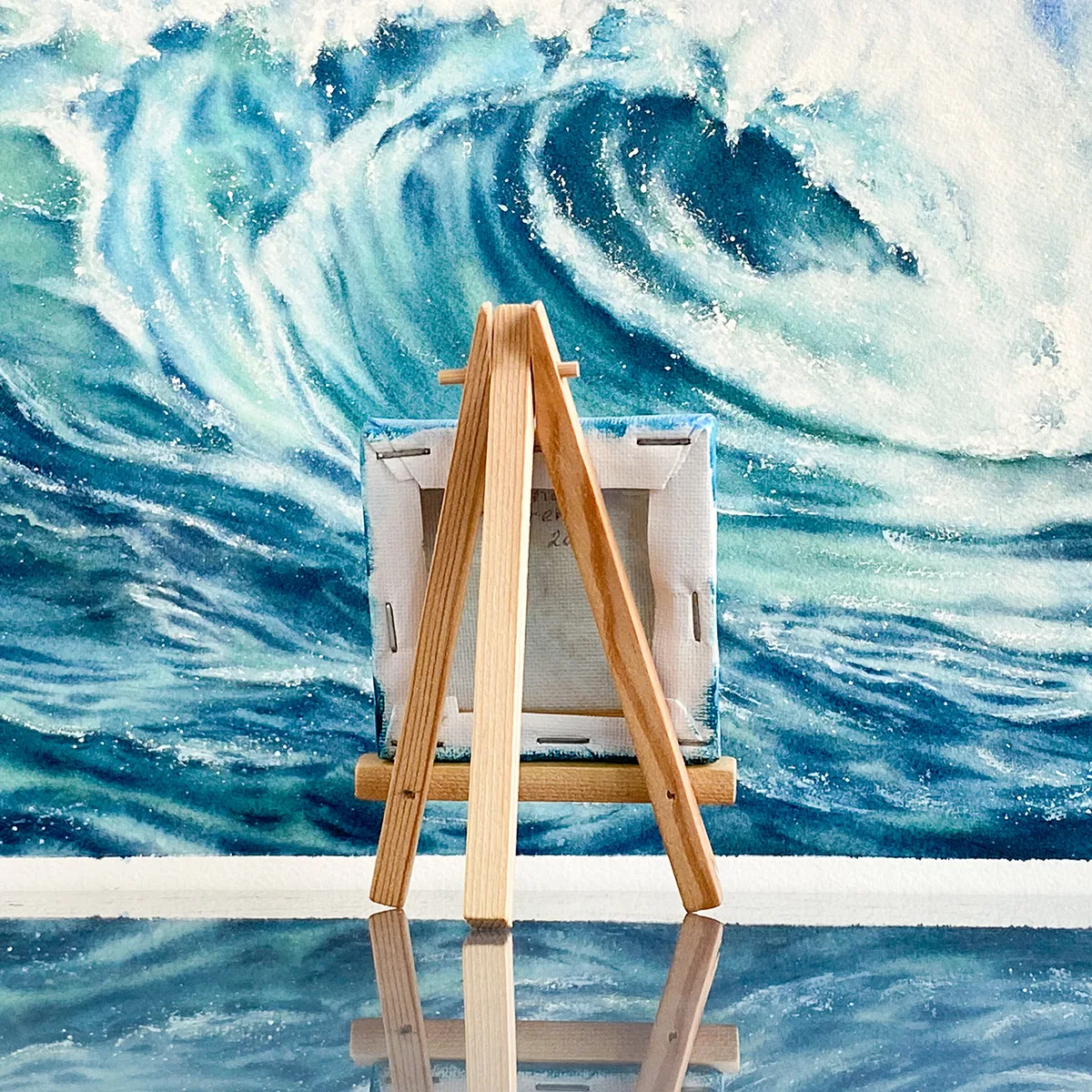 Turquoise green splashing ocean wave mini acrylic painting