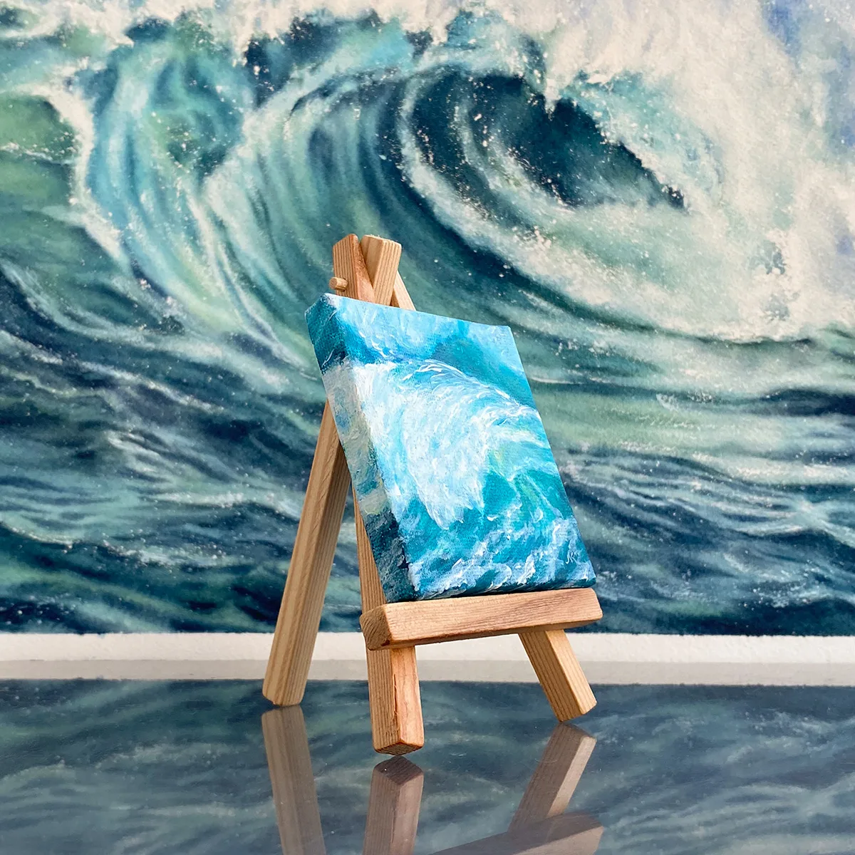 Splashing emerald sea wave mini acrylic painting