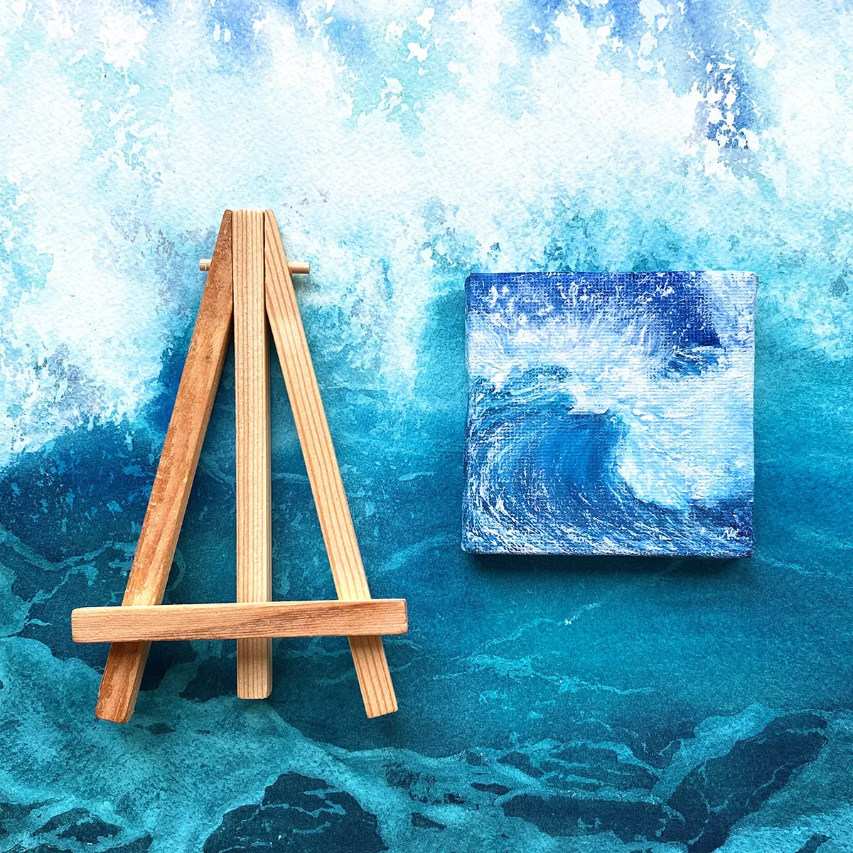 Splashing blue sea wave mini acrylic painting