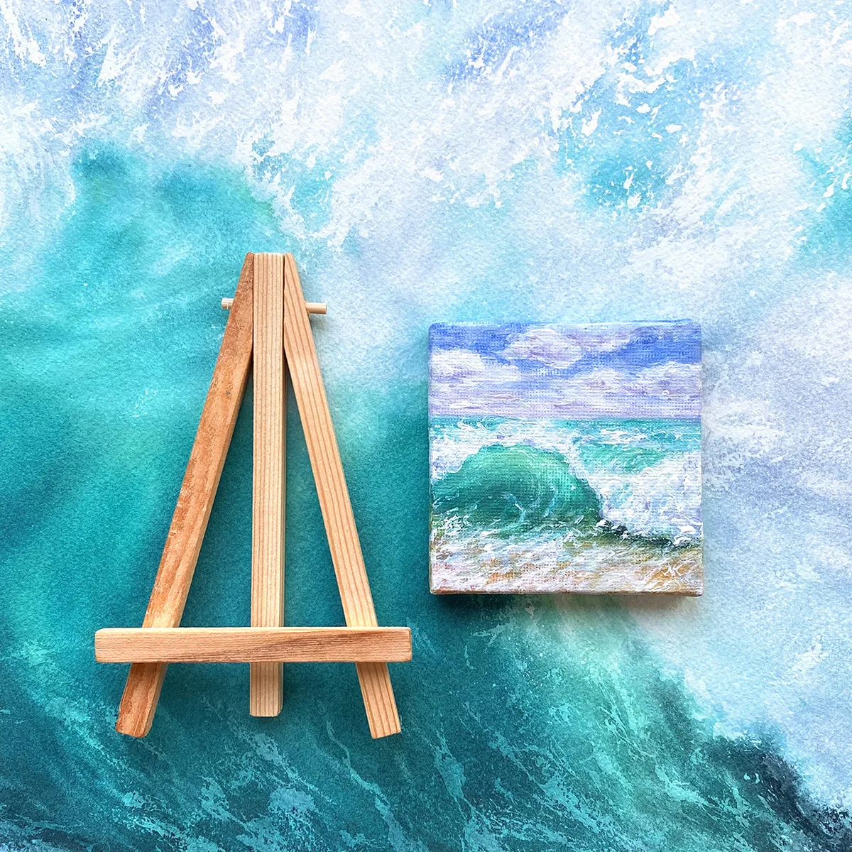 Turquoise green splashing ocean wave mini acrylic painting