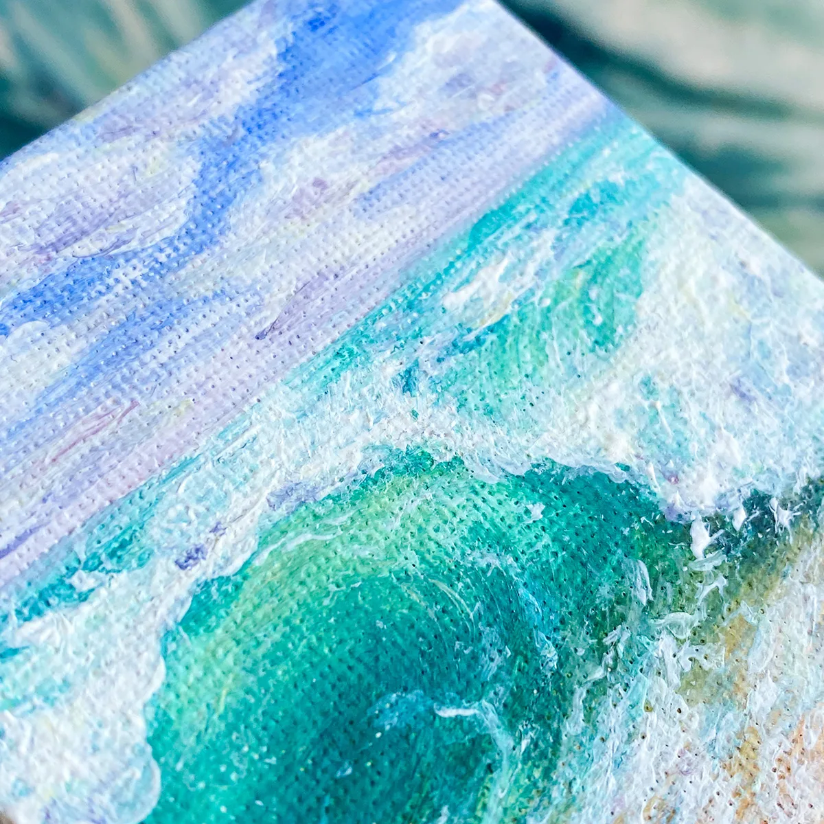 Turquoise green splashing ocean wave mini acrylic painting