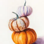 Autumn-themed watercolor painting of a pyramid of pumpkins on a white background by Kateryna Nazarenko.